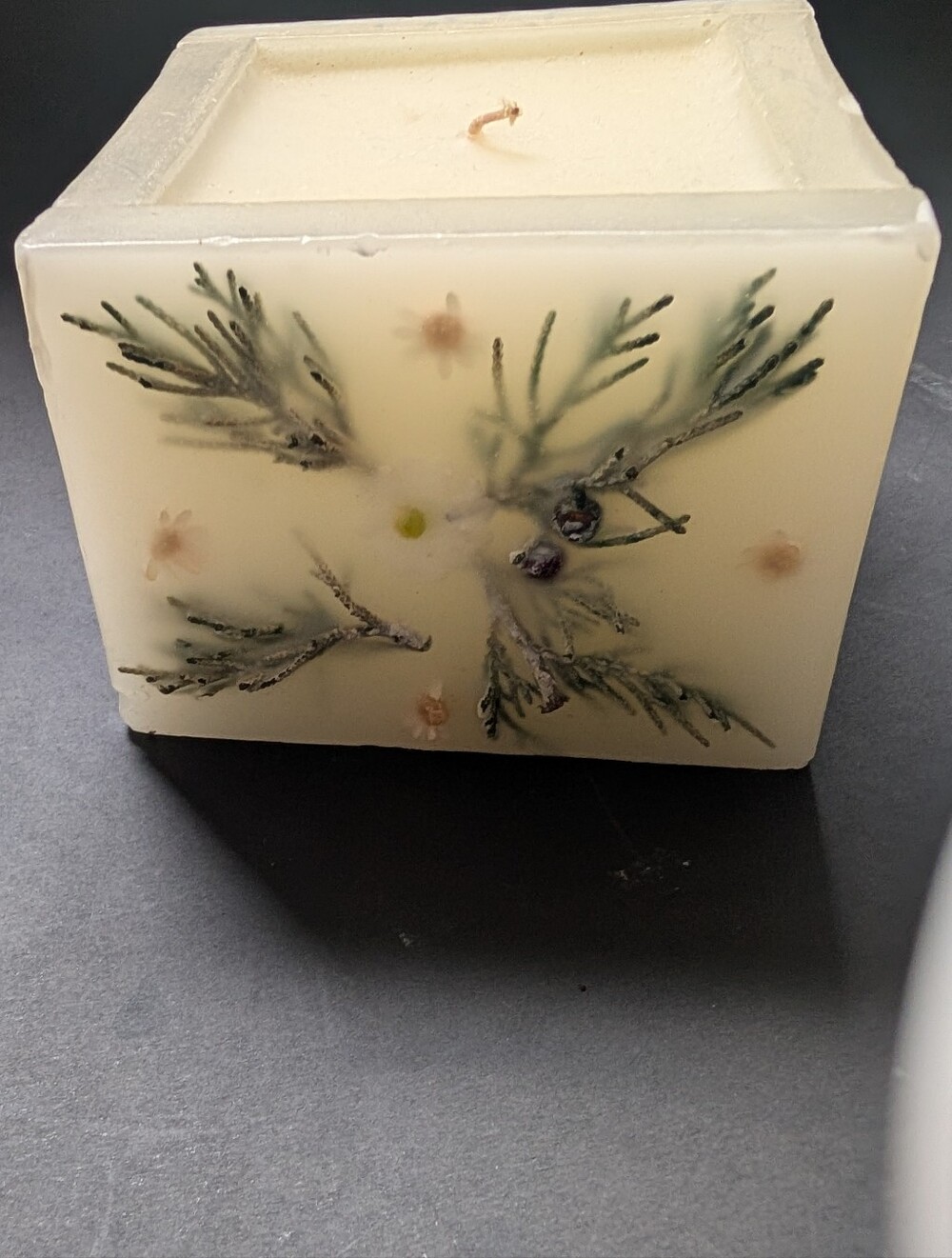 Handcrafted Cream Botanical Square Candle - Decorative Home Art With Pine Needle